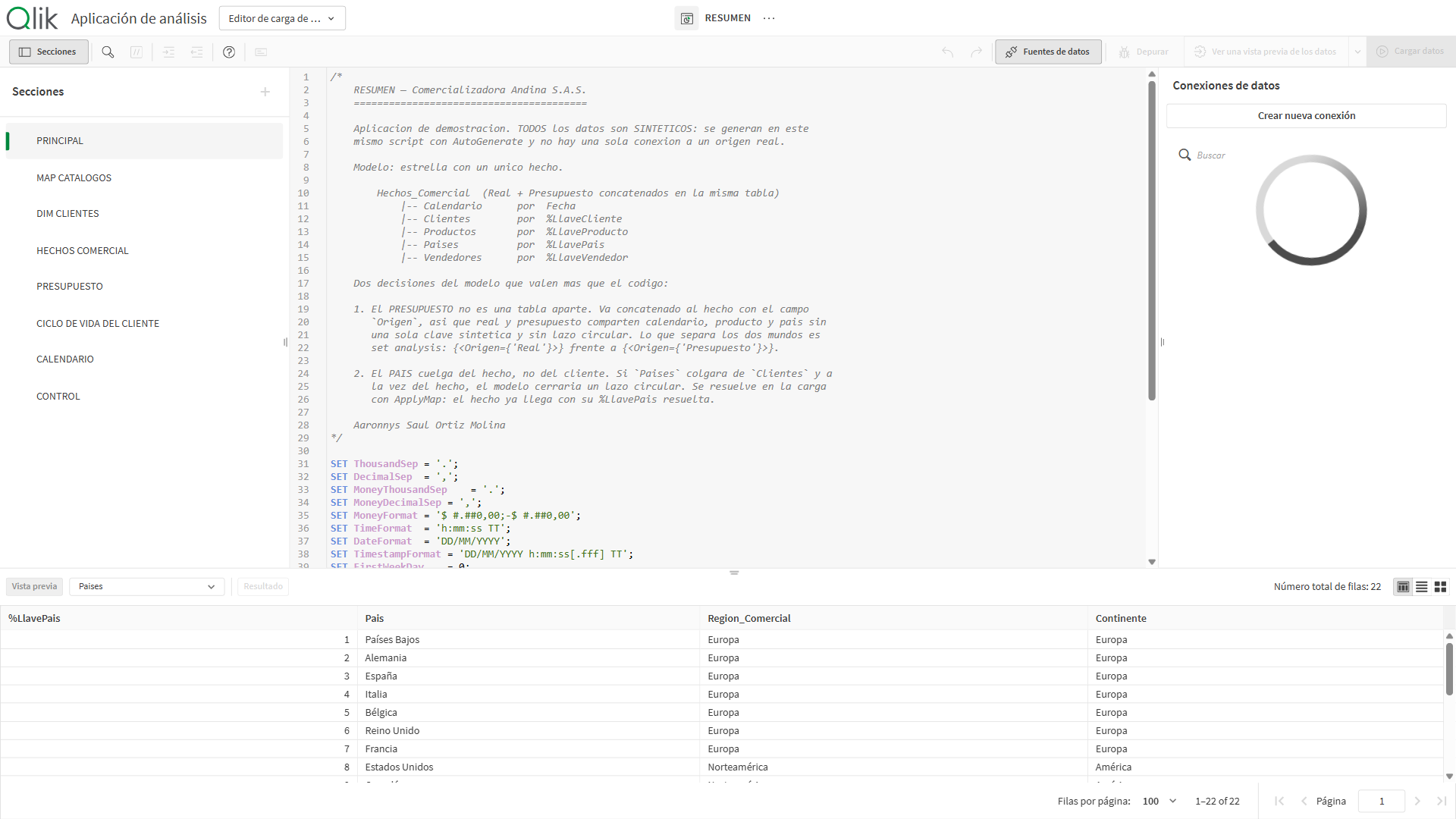 El script — captura de Qlik Sense